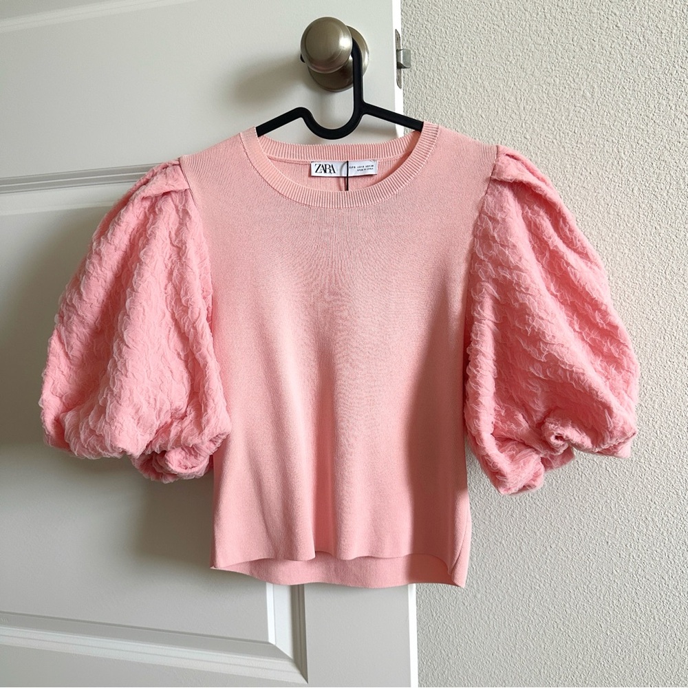 Zara Mesh Detail Sleeves Knit Top Pink Cropped Top With Textured Puffy Sleeves